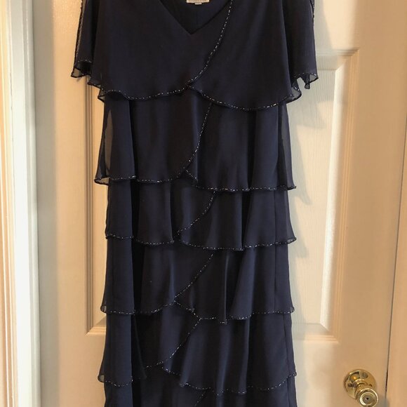 Patra Dresses & Skirts - Patra Navy Blue Tiered Chiffon Dress with Beaded Trim